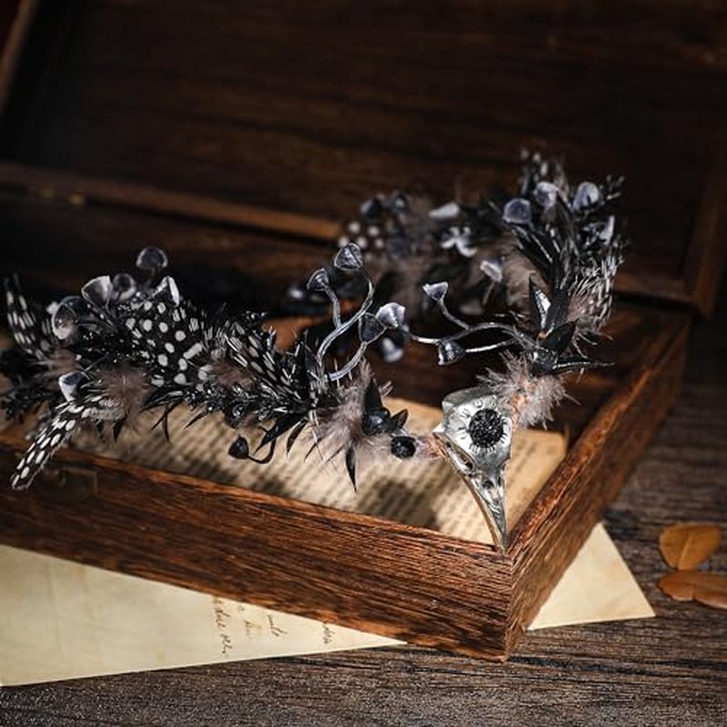 MOSTORY Black Feather Elf Crown - Handmade Witch Headpiece Dark Fairy Tiara with Raven Skull Gothic Cirlcet for Women Girls Renaissance Mardi Gras Cosplay Goth Wedding
