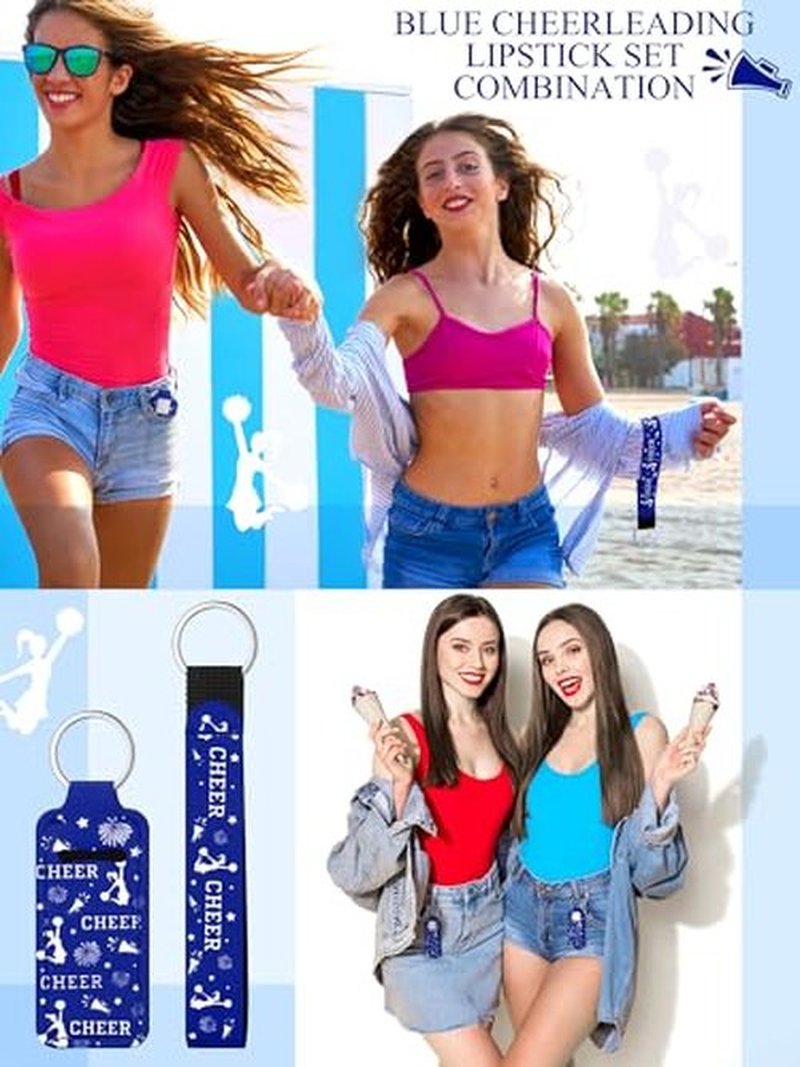 MotiMind 24 Pcs Cheer Lipstick Holder Keychains Lanyard Set Cheer Teams Gifts Cheerleaders Party Favors Cheer Theme Portable Lipstick Holder and Lanyard for Competitive Cheer Party Supplies (Blue)