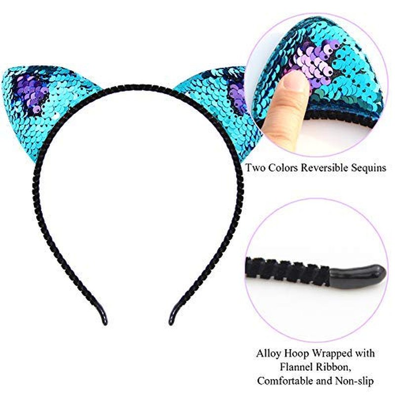 Beinou Reversible Sequin Cat Ears Headband Shiny Cat Ear Hair Hoops Cute Bling Kitty Hairband Hair Accessories for Women Girls Daily Wearing and Party Decoration