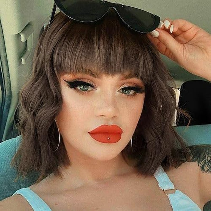 Allbell Brown Wigs for Women Short Wavy Bob Wig with Bangs for Women Synthetic Short Curly Wave Wigs Heat Resistant Fiber Hair Wigs for Daily