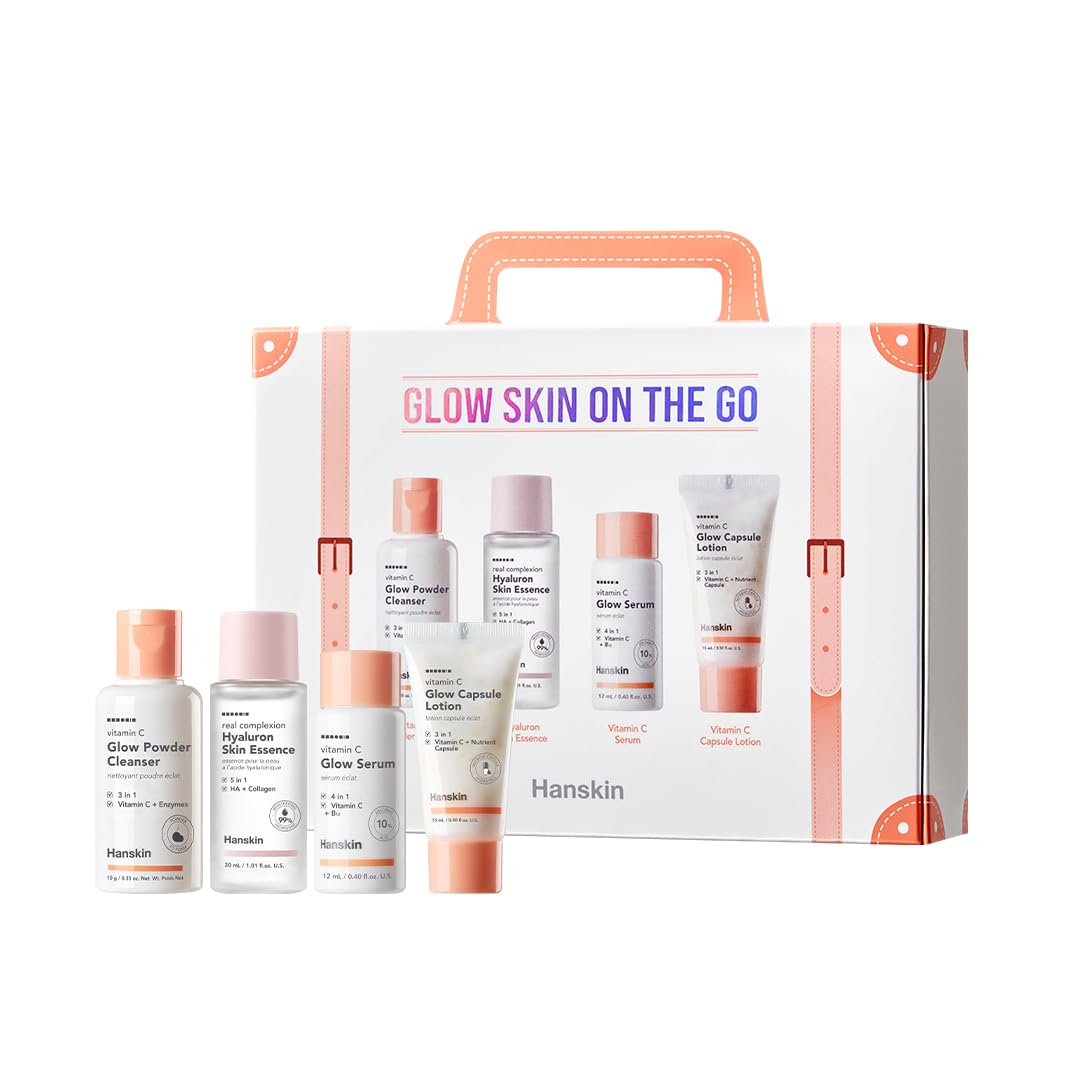 Hanskin Glow Skin On the Go Kit–Brightening & Hydrating Mini Skincare Set with Cleanser, Essence, Serum & Lotion | TSA-Friendly Travel Kit, Holiday Gift, Stocking Stuffer, Teen Girl & Women’s Skincare