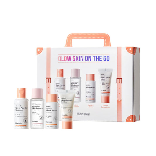 Hanskin Glow Skin On the Go Kit–Brightening & Hydrating Mini Skincare Set with Cleanser, Essence, Serum & Lotion | TSA-Friendly Travel Kit, Holiday Gift, Stocking Stuffer, Teen Girl & Women’s Skincare