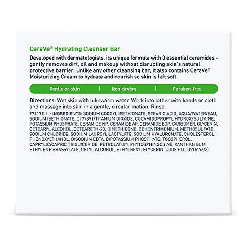 CeraVe Hydrating Cleanser Bar | Soap-Free Body and Facial Cleanser with 5% Cerave Moisturizing Cream | Fragrance-Free |2-Pack, 4.5 Ounce Each