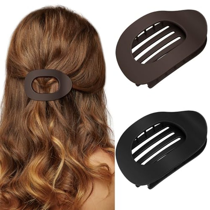 Oeusnael 2 PCS Flat Hair Clips, French Round Lay Down Claw Clips for Women Girls, Matte Non-slip Strong Hold Hair Clips for Thick Thin Curly Hair, Comfortable Curved Flat Hair Clips, Brown & Black