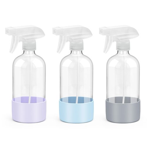 Rionisor Glass Spray Bottles with Silicone Sleeve Protection, Empty 16 oz Refillable Containers, Reusable Spray Bottles with Adjustable Nozzle for Hair, Cleaning Solutions, 3 Pack Grey&Blue&Purple