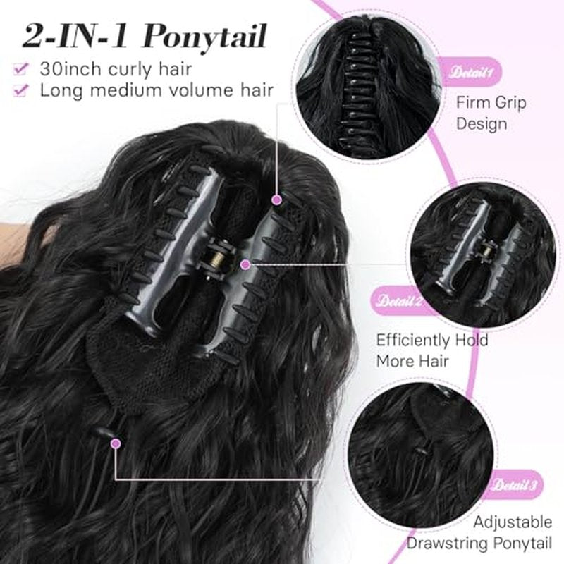 MARJORIE Ponytail Extension,Long Curly Wavy Claw Clip Ponytail Extension 30inch Pony Tails Hair Extensions Black Fake Ponytail Fluffy Natural Clip in Ponytail Hairpiece for Women