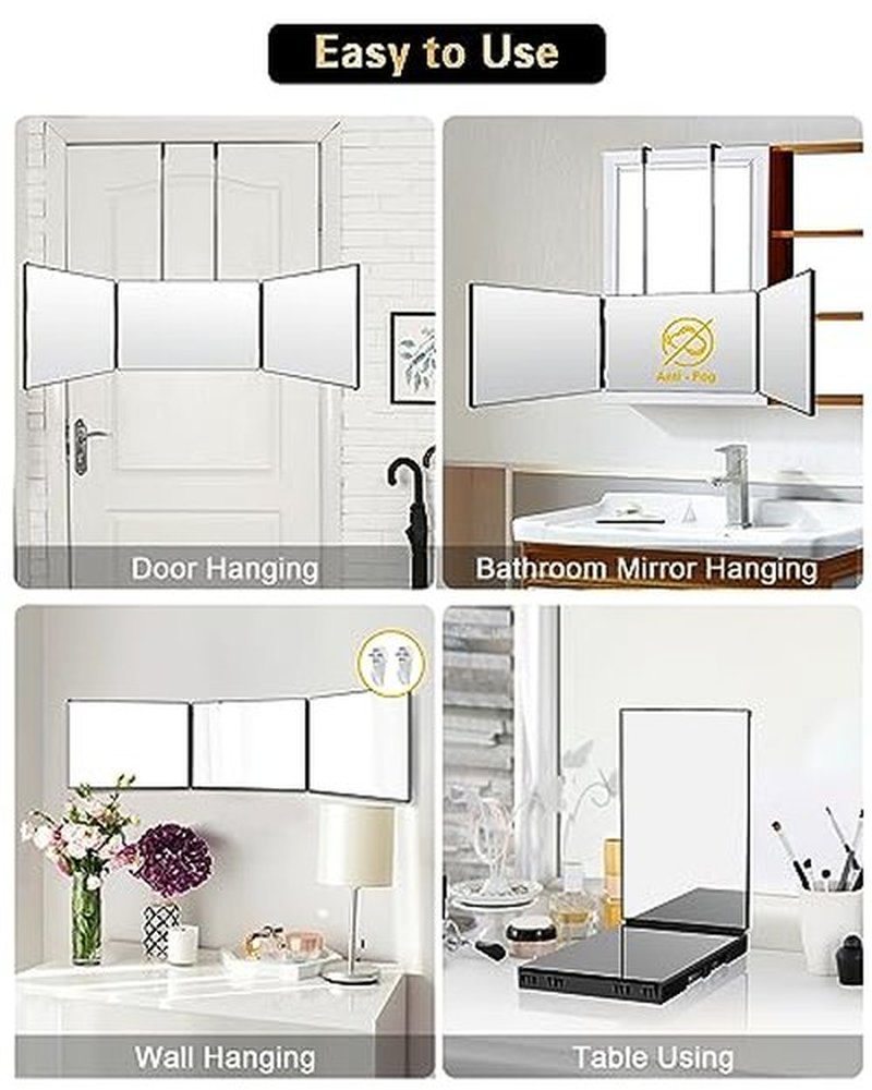 JUSRON 360 Viewing Angle Self Hair Cutting Mirror, Clear Anti-Fog HD Glass (Black Without LED Without Accessories)