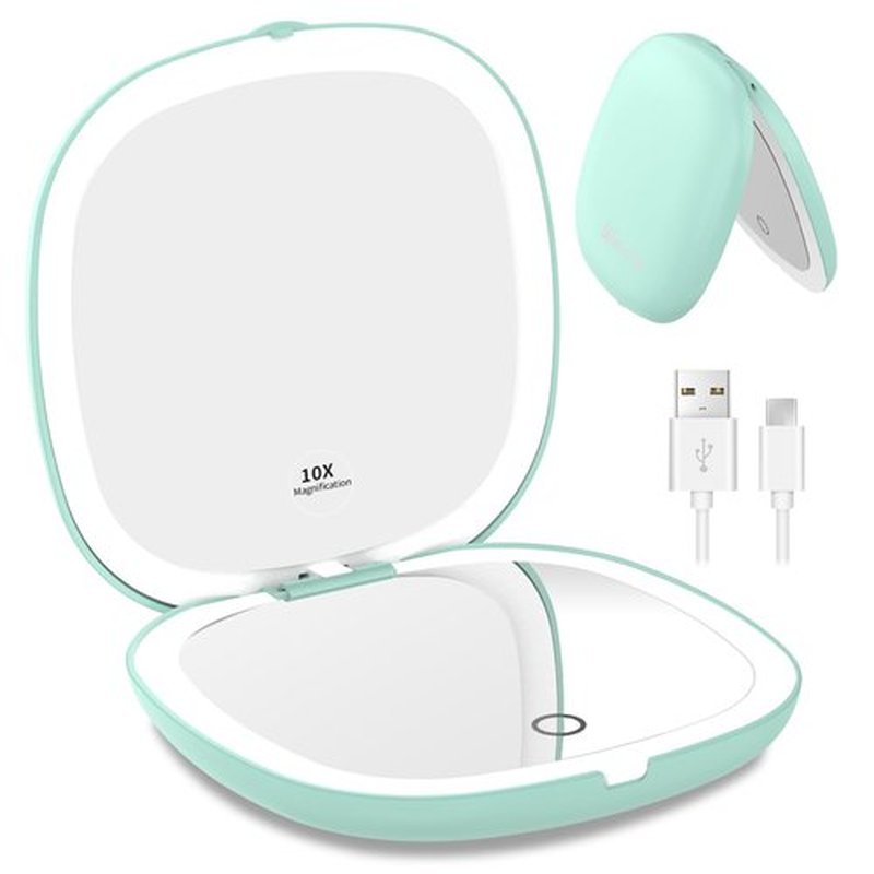 wobsion Lighted Makeup Mirror with Magnification,Rechargeable 1x/10x Travel Mirror,Portable Comapct Folding Mirror for Bag,Gift,Cyan