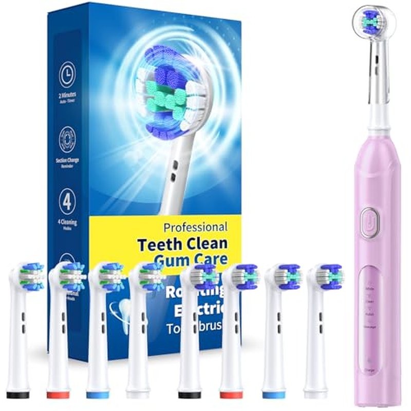 TEETHEORY Rotating Electric Toothbrush for Adults with 8 Brush Heads (2 Types), 4 Modes Deep Clean Electric Toothbrush with Rechargeable Power and 2 Min Smart Timer (5-Purple, p1)