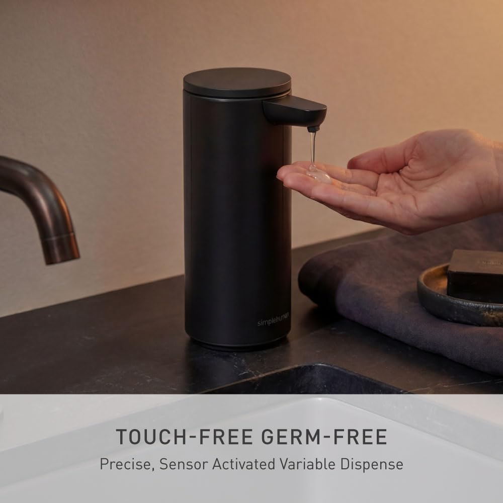simplehuman Liquid Sensor Pump, 9 oz Automatic Soap Dispenser for Kitchen and Bathroom, Touchless Motion Sensor, Variable Dispense, Rechargeable, No-Drip Spout, High-Grade Matte Black Steel