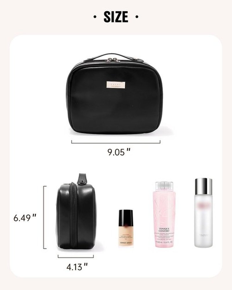 EACHY Travel Makeup Bag, Large Capacity Cosmetic Bags for Women, Waterproof PU Leather Make Up Bag with Makeup Brush Organizer (Black)
