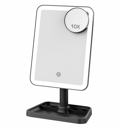 Famihomii Rechargeable Makeup Mirror with Lighting, Lighted Makeup Mirror with 3 Model Lights & 10X Mini Magnifying Mirror, 360° Rotation Durable Table Mirror with Storage, Detachable Design