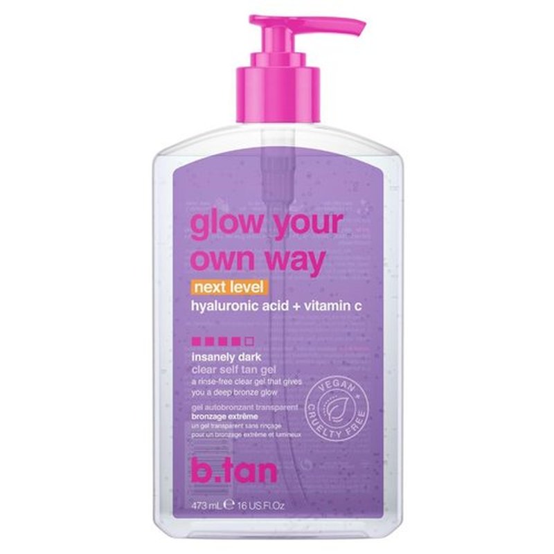 b.tan Insanely Dark Clear Self Tan Gel | Glow Your Own Way Next Level - Transfer-Resistant Sunless Tanning Gel, Vegan, Cruelty Free Self Tanner, 16 Fl Oz