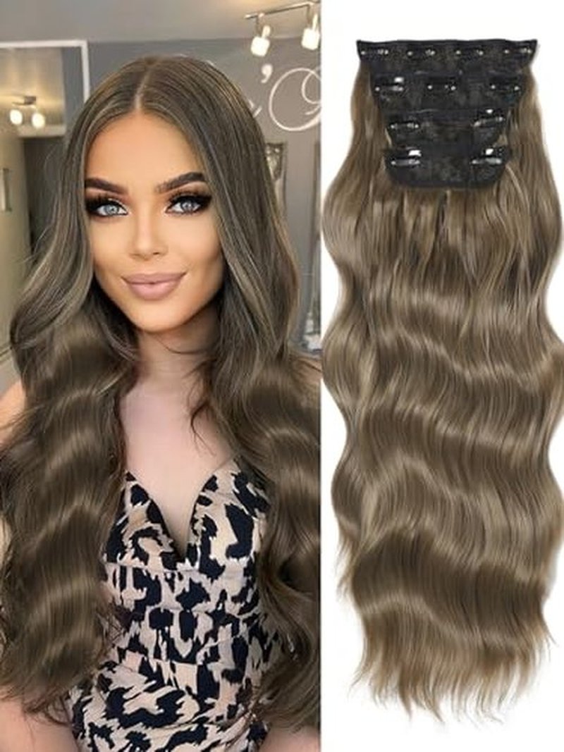 Blonde Hair Extensions, 20inch 4PCS Long Wavy Curly Clip in Hair Extensions Natural Soft Synthetic Hairpieces for Women (Golden Chesinuf Brown)