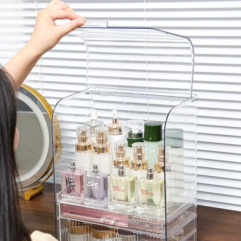 Clear Make up Organizers and Storage for Vanity With Dustproof Lid,Large Skincare Organizer and Bathroom Counter Organizer With 2 Drawers For Cosmetics,Lotion,Beauty Product Dresser Top Organizer Box