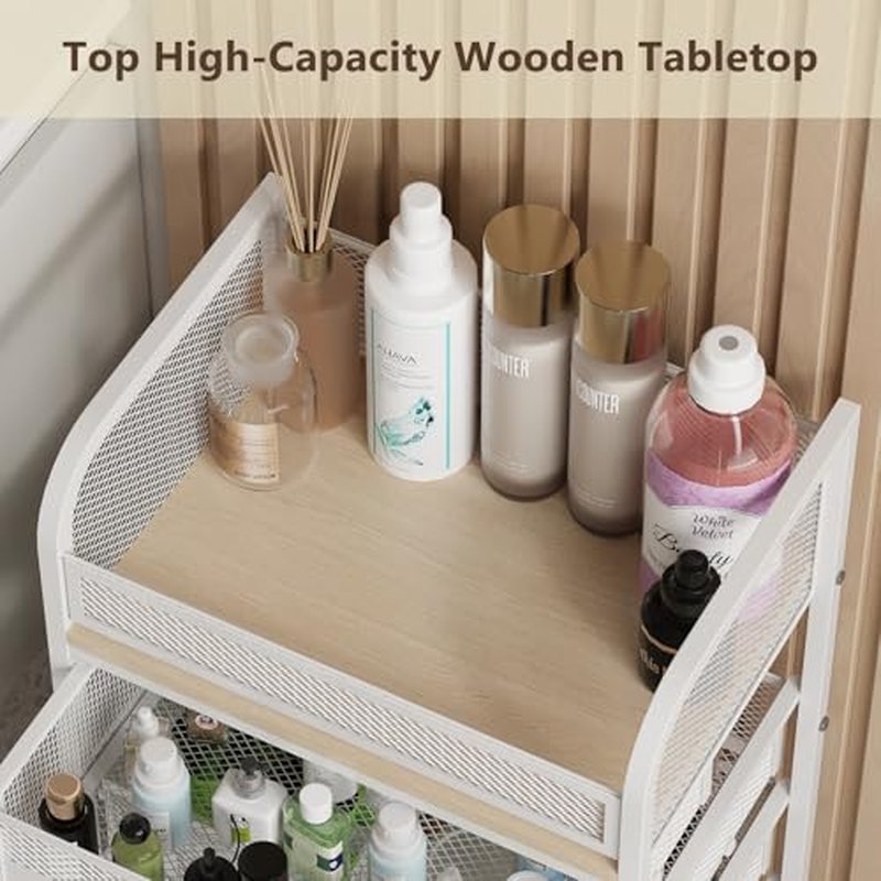 MODCART Makeup Organizer with 4 Drawers, Skincare Storage, Floor Skincare Organizers with Wheels Nameplates,Vanity Cosmetic Holder for Perfume, Nail Polish, Brushes, White