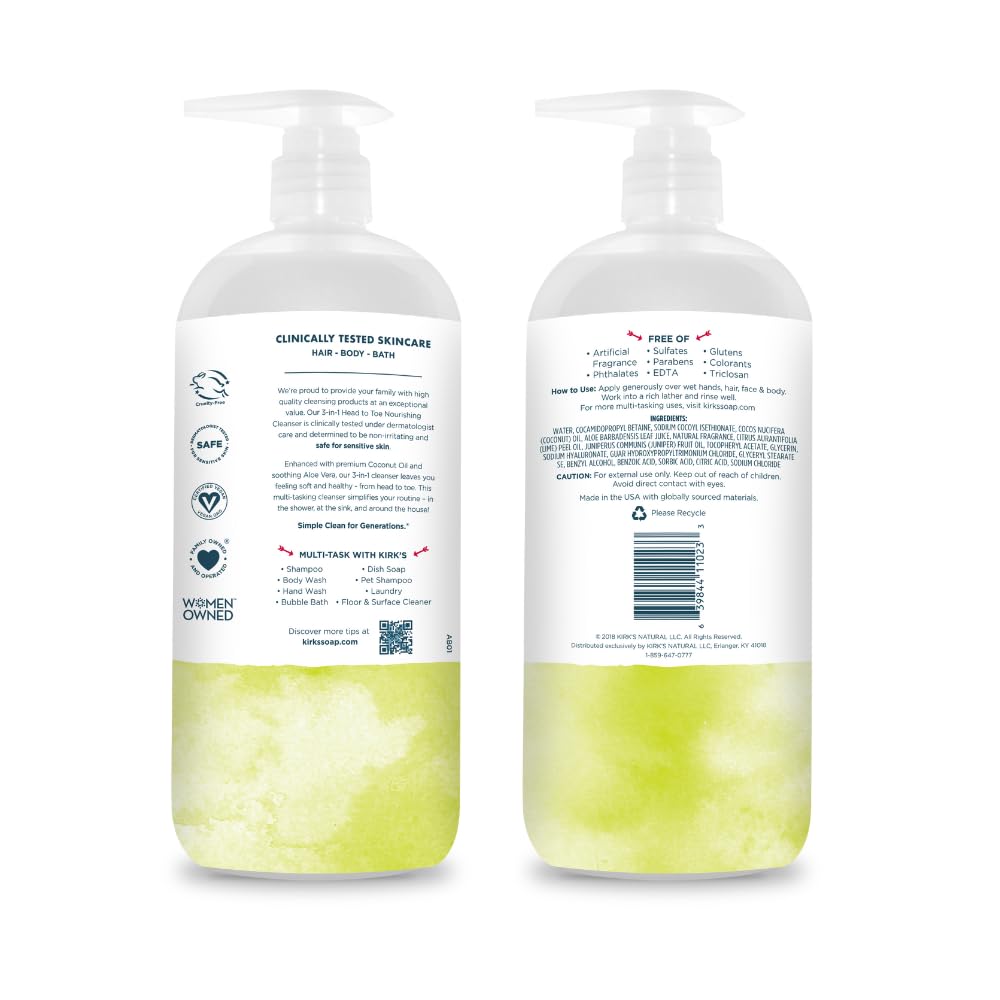 Kirk's Juniper & Lime 3-in-1 Nourishing Cleanser and Travel Bar Soap, Shampoo Body Wash Bubble Bath, Coconut Oil and Aloe Vera, Vegan Non-GMO, 32 Fl Oz