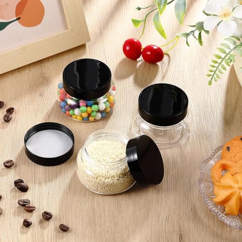 Tessco 24 Pack Plastic Jars with Lids Labels Plastic Containers Round Refillable Cosmetic Containers Empty Body Butter Jars Sugar Scrub Containers for Cosmetics (Black,5 oz)