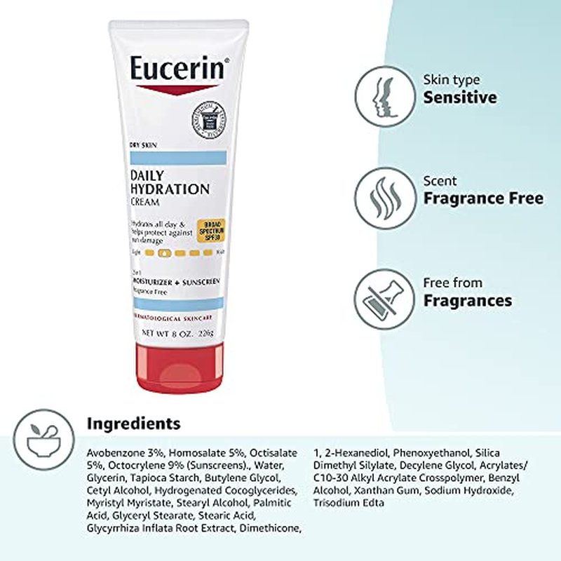 Eucerin Daily Hydration Broad Spectrum SPF 30 Sunscreen Body Cream for Dry Skin, 8 Oz Tube (Pack of 2)
