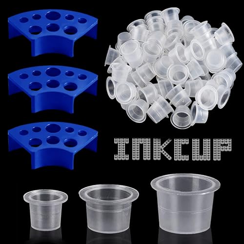 WZPB Tattoo Ink Caps with Cup Holder - 300 Mixed Size Tattoo Ink Cups 100 Small 100 Medium 100 Large with 3 Blue Tattoo Ink Cap Holders Permanent Makeup Container for Tattoo Ink Tattoo Supplies