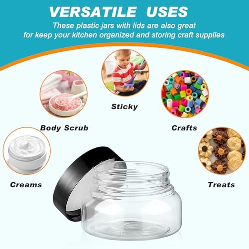 Tessco 24 Pack Plastic Jars with Lids Labels Plastic Containers Round Refillable Cosmetic Containers Empty Body Butter Jars Sugar Scrub Containers for Cosmetics (Black,5 oz)