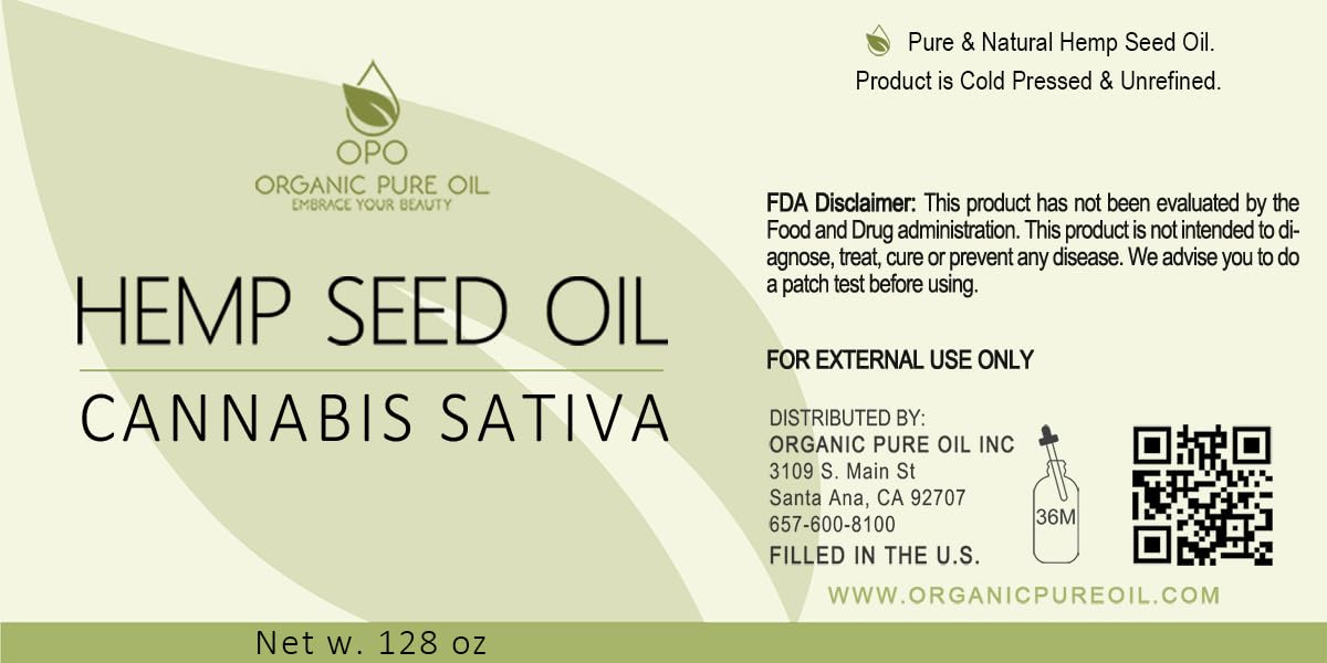 Hemp Seed Oil - Pure, Unrefined, Cold Pressed, All-Natural Non-GMO, Extra Virgin, Undiluted, Carrier Oil - Bulk 128 oz / 1 Gallon - Tinctures, Blends, DIY, Essential Oils