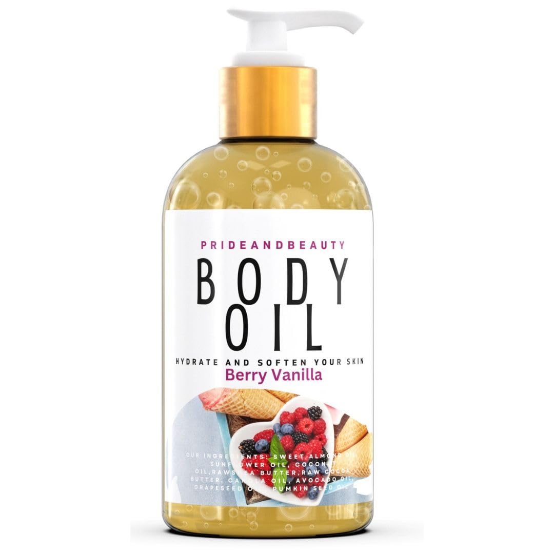 PrideandBeauty After Shower Oil, Skin Hydrating Body Oil for Women Dry Skin, Berry Vanilla Scented, 4 Ounces