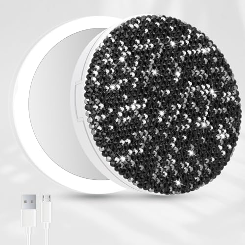 QearFun Luxurious Rhinestone LED Lighted Compact Mirror,Bling Portable Travel Makeup Mirrors,3.5 inch Rechargeable Mini Magnifying Pockets Mirror,Sparkly Beauty for Women,Wedding Favors for Guests