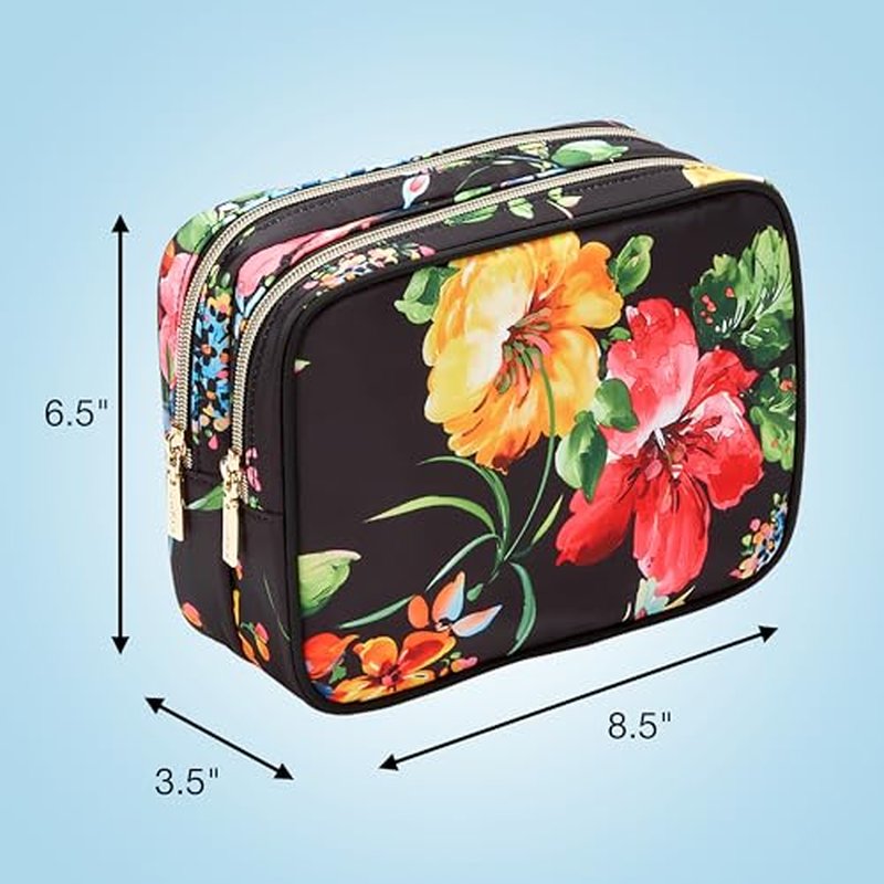Conair Double Zip Toiletry Travel Bag-Makeup Organizer, Black Floral, 1 Count (Pack of 1)
