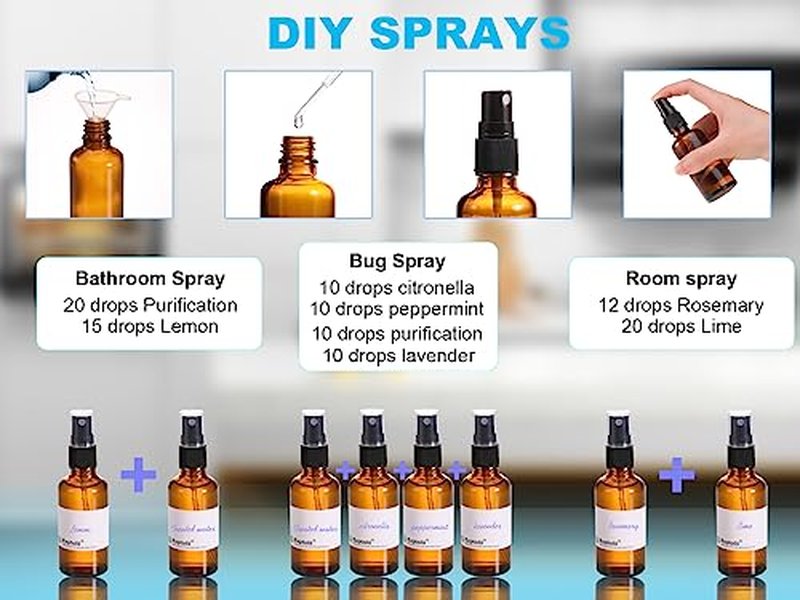 2oz Amber Glass Spray Bottles, 4 Pack Small Spray Bottle Mist Sprayer, Mini Travel Empty Fine Mist Spray Bottles with Funnel Dropper for Essential Oils, Hair, Perfume, Plants