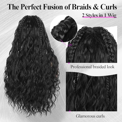 quickwig Braided Curly Wig for Black Women 13x6 Handmade Cornrow Braids Wig Boho Fulani Braid 26 Inch Glueless Black Long Curly Synthetic Wigs 2-in-1 Versatile Style Lace Front Wigs with Baby Hair 1B