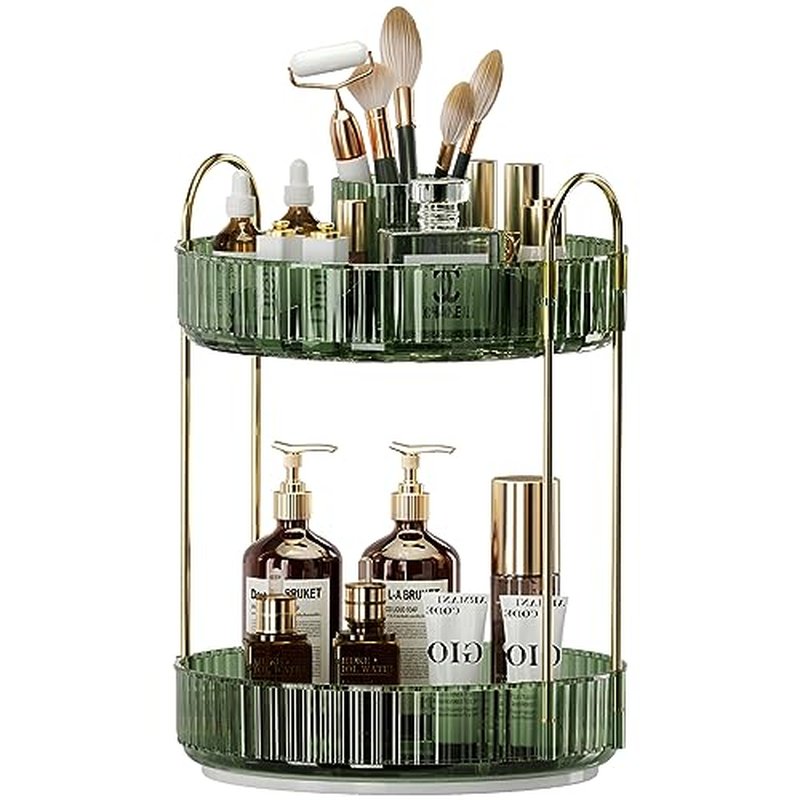 360° Rotating Makeup Organizer, Large-Capacity Skincare Make Up Storage 2 Tier Perfume Organizers Cosmetic Dresser Organizer with Makeup Brush Holder, Fits Bedroom, Bathroom, Vanity Shelf Countertop