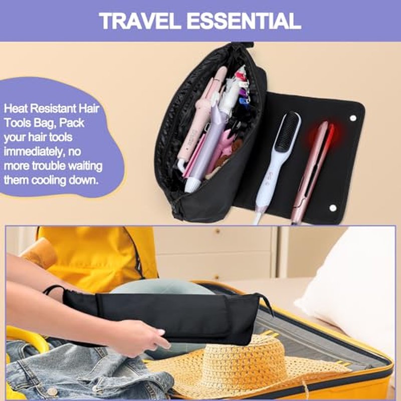 BAQRAXIA Travel Essentials Neoprene Hair Style Tools Bag w/Fireproof Mat for Flat or Curling Irons, Straighteners Accessories, Gifts for Women Mom Daughter Sister Friends for Birthday (Black-18INCH)