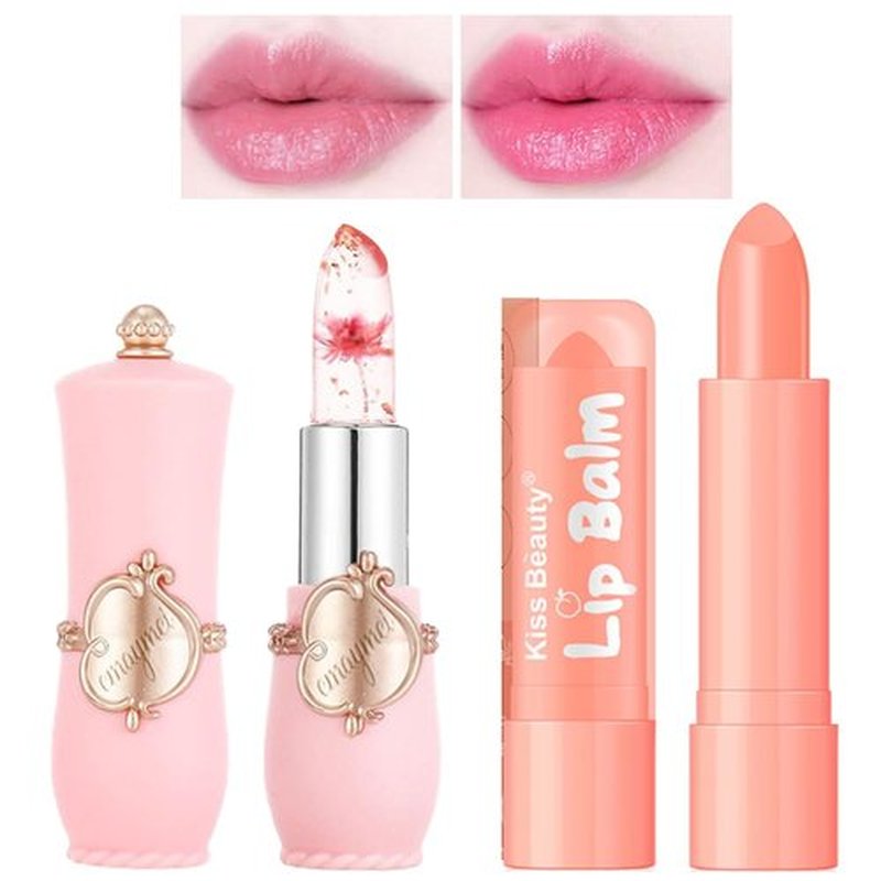Crystal Flower Jelly Lip Balm, Aloe Vera Color Changing Lipsticks,Lasting Nutritious Natural Moisturizing gentle colorless Lipstick Lip Gloss 2pcs (Pink Flowers)