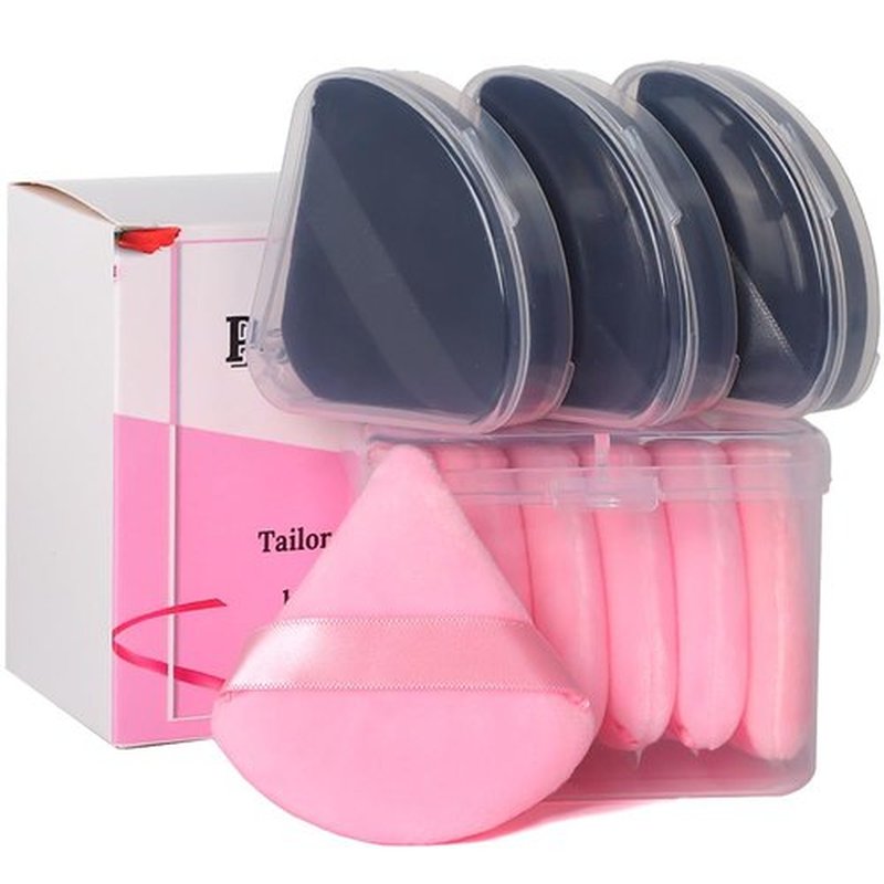 Ocim 10Pcs Triangle Powder Puffs for Face Powder,Soft Velour Makeup Setting Powder Puff with Case,Black&Pink