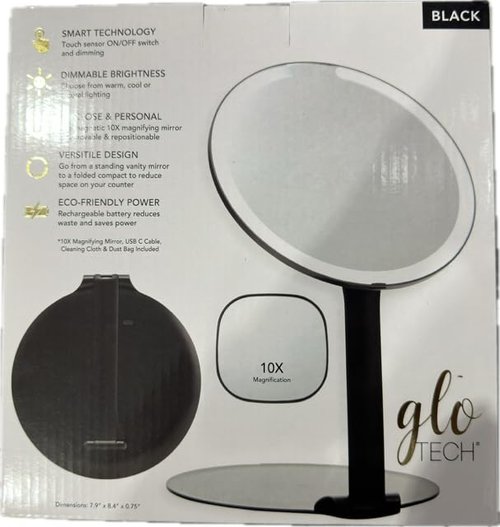 Glo-Tech Foldable Travel LED Mirror, 3 Light Settings, 10X Magnification, Touch Dimming (Black)