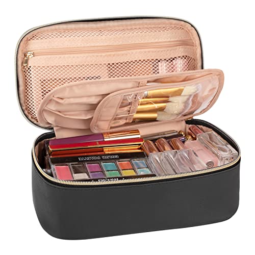 OCHEAL Travel Makeup Bag,large Capacity Travel Cosmetic Bag,Medium Makeup Bag Organizer Diamond Texture Makeup case with Handle and Brush Storage Area -Black
