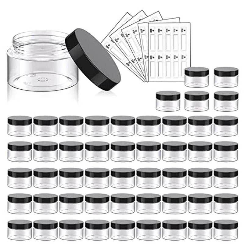 50 Pack 3 Gram Sample Containers with Lids, Small Plastic Cosmetic Jars, Makeup Travel Container Jar for Cream, Bead, Eye Shadow, Jewelry, Lotions, Powders, Glitters Lip Gloss with Labels,Spatulas