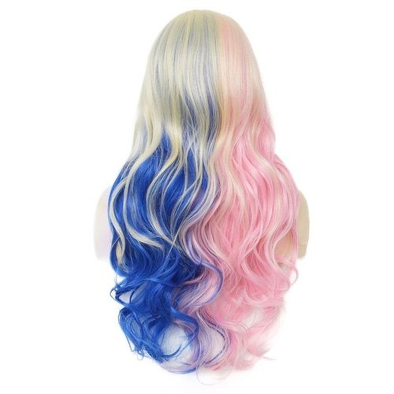Amnenl Long Curly Wavy Blonde Pink Blue Ombre Wig for Women Realistic Synthetic Cosplay Halloween Hair Wigs