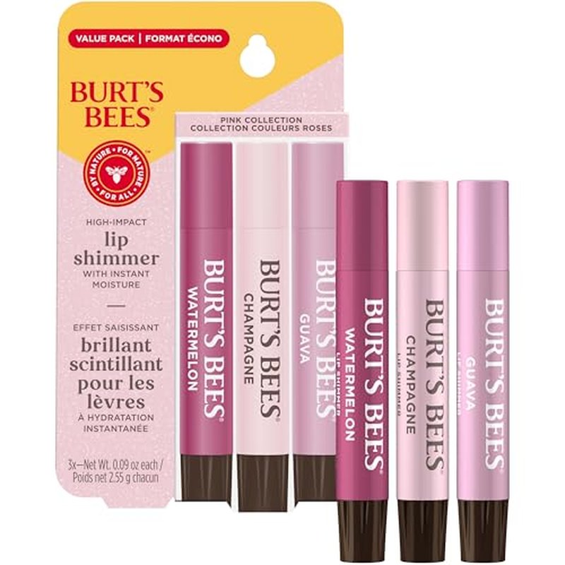 Burt's Bees Lip Shimmer Pink Collection; Luminescent Color; High Impact, Instant Moisture; with Shea and Cocoa Butters; 100% Natural Origin; 3 Shades; Value Pack, 3 Tubes x 0.09 Oz. (Pack May Vary)