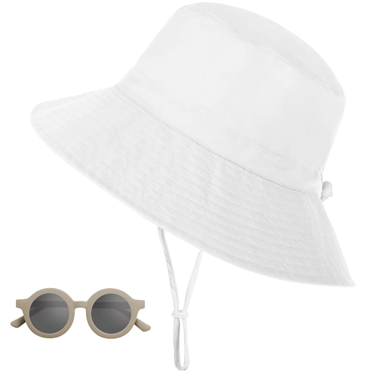 Baby Sun Hat and Sunglasses, UPF 50+ Kids Sun Hat with Ear and Neck Protection, Adjustable Summer Beach Hats with Bucket Wide Brim for Boys & Girls, Foldable Infant Sun Hat 0-6 Months, White
