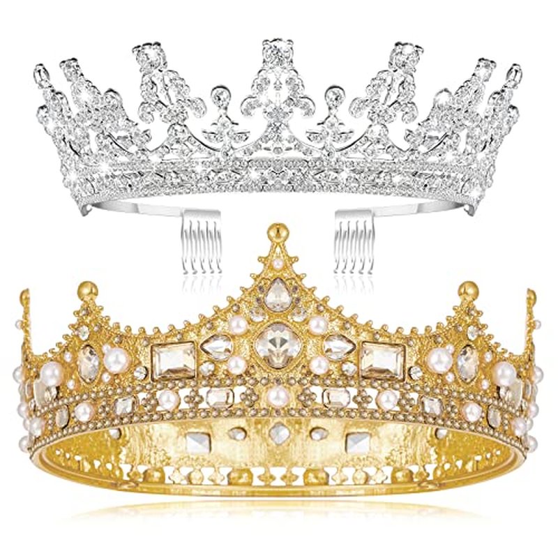 Juexica 2 Pcs Crowns King and Queen Wedding Crown and Tiaras for Women Men Princess Vintage Headband Birthday Crown Bridal(Gold, Silver)