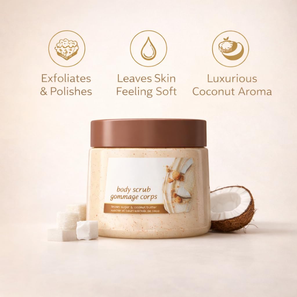 Brown Sugar and Coconut Scented Body Scrub, 15 oz Gentle Cleansing Body Polish with Smooth Texture for Daily Bath and Shower Use, Suitable for All Skin Types