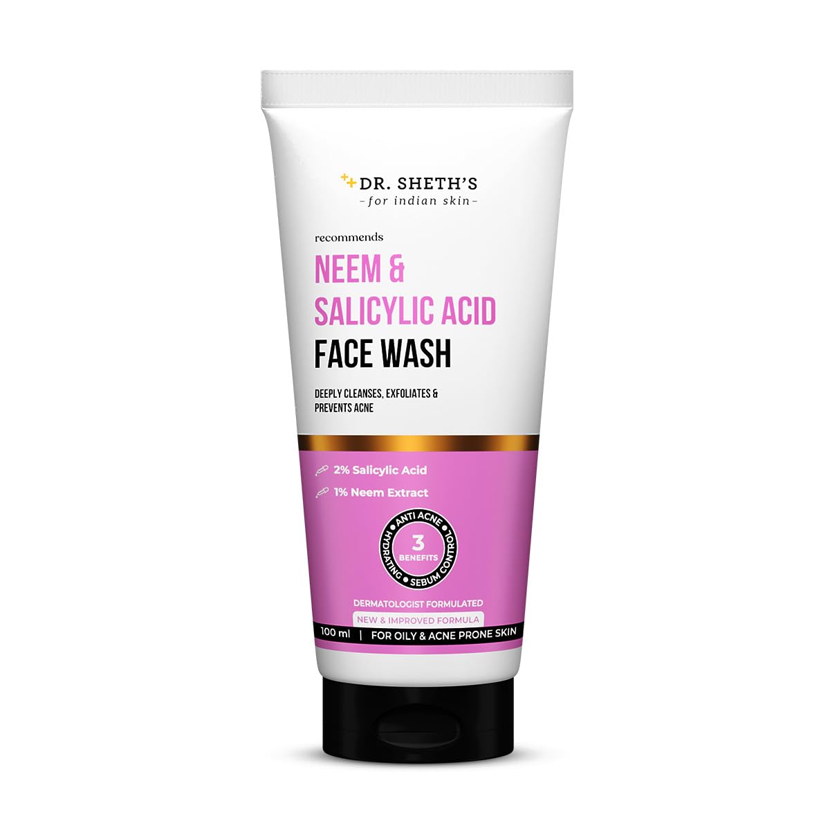 Dr. Sheth’s Neem & Salicylic Acid Face Wash | Deeply Cleanses & Unclogs Pores | Controls Acne, Blackheads & Oil | Unisex BHA Cleanser | 3.38 Fl Oz/100 ml