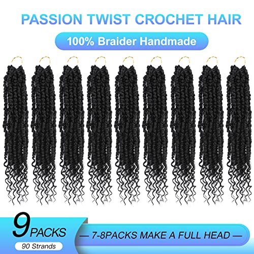 Pretwisted passion twist hair, 8 Inch 9 Packs Passion Twist Crochet Hair,Soft Black Pre Twisted and Looped Crochet Hair For Women Short Black Curly Crochet Twists Braids(8",1B#)