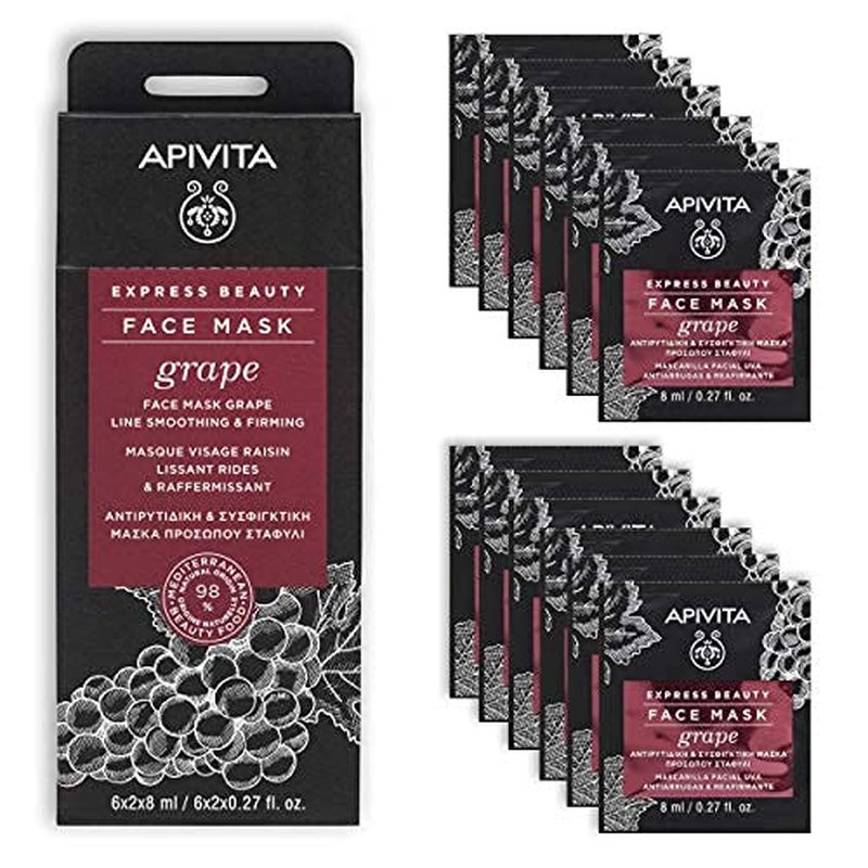Apivita Express Beauty Face Mask with Grape & Vitamin E & A - Fine Lines Smoothing, Firming, Moisturizing & Regenerating Care for All Skin Types - 12 Packettes x 0.27 Fl Oz