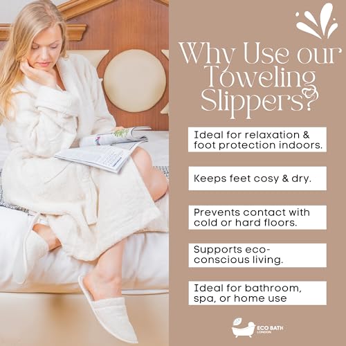 Eco Bath London Natural Toweling Slippers - Luxury 100% Organic Cotton, Ultra Soft, Machine Washable Indoor Slippers for Bath and Home S Size UK(4-5) US(6-7)