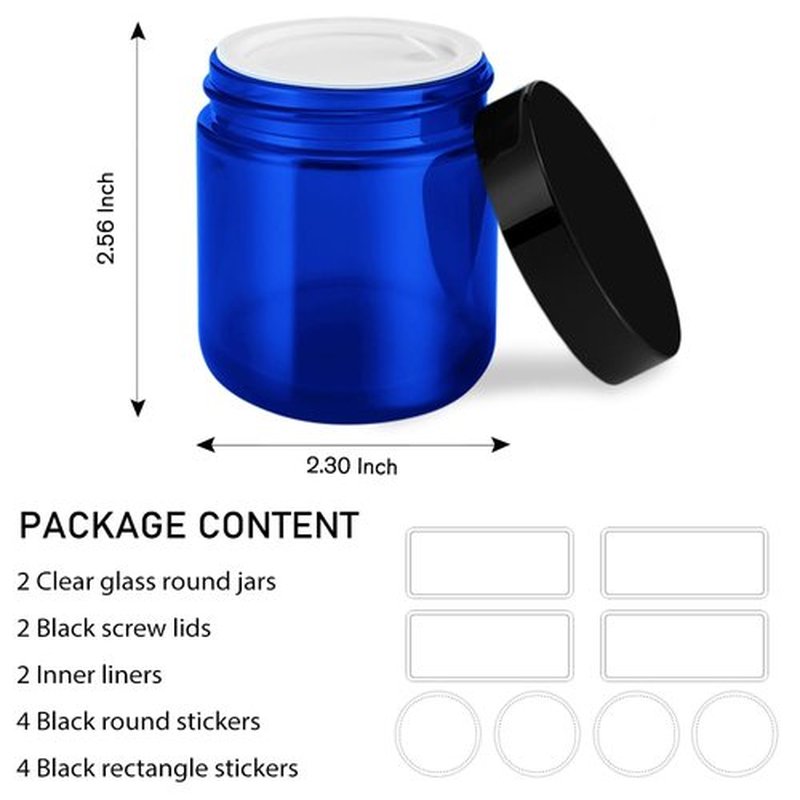 4 oz Glass Jars with Lids, Tecohouse Blue Glass Jars with Black Lids & Inner Liners, Mini Travel Sample Containers for Slime, Makeup, Cream, Lotion, Cosmetic - 2 Pack