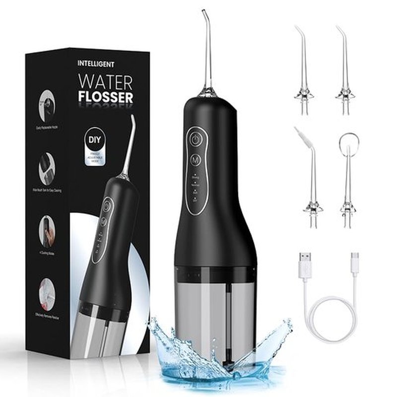 Portable Water Flosser for Teeth Cleaning, 5 Jet Tips, 4 Cleaning Modes, 1500mAh Rechargeable Battery, 260ml Water Tank, IPX7 Waterproof for Braces, Sensitive Teeth & Travel (Black)