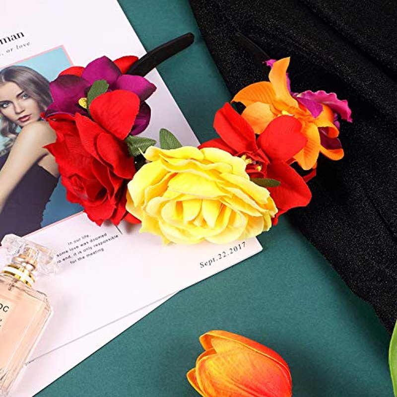 WILLBOND 3 Pcs Mexican Rose Flower Crown Headband Day of The Dead Headband Halloween Cosplay Headpiece(Fresh Colors)